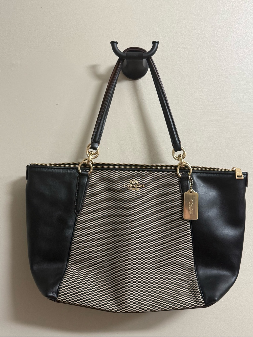 Coach Black Leather Tote with Woven Ivory & Black Center